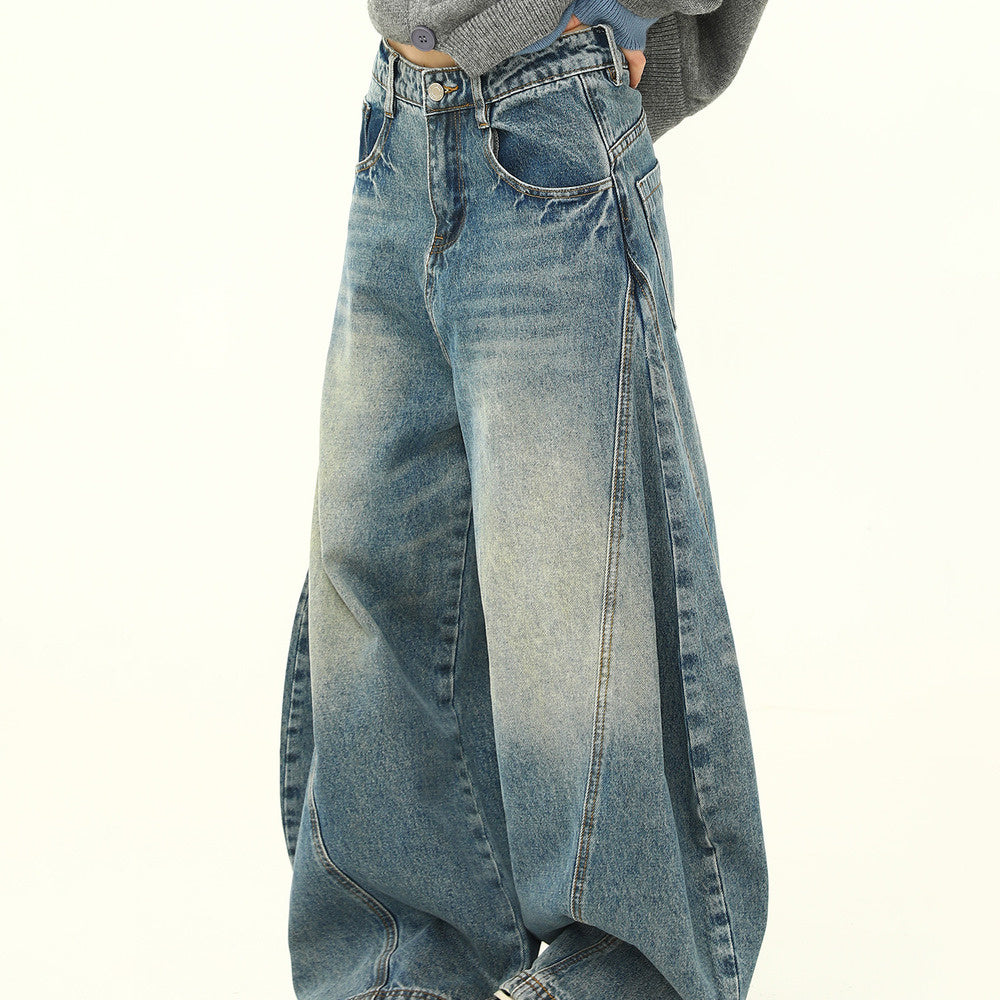 美式復古簡約彎刀褲洗水做舊小眾設計感闊腿寬鬆牛仔褲