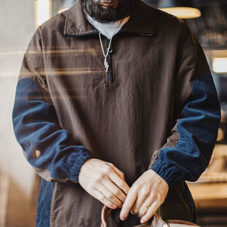 馬登工裝 美式復古拼接半拉鍊夾克翻領撞色戶外燈芯絨褶皺衛衣男春