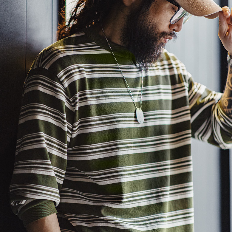 馬登工裝 美式復古撞色條紋長袖T恤羅紋圓領內搭針織打底衫男秋