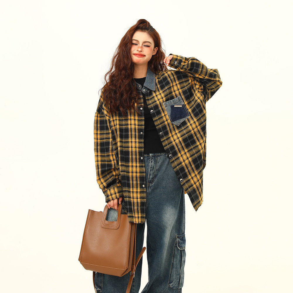高級感外穿格子襯衫女復古寬鬆百搭早秋黃色格紋襯衣外套