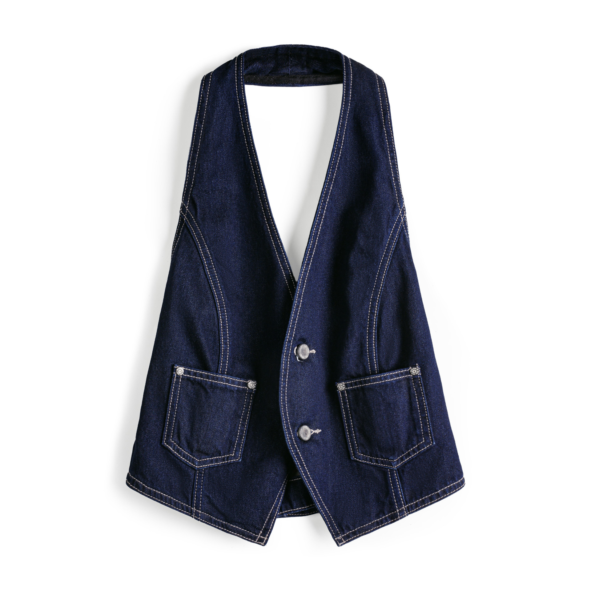 馬登女裝 美式疊穿無袖V領背心開衫馬甲修身外穿坎肩露背掛脖短上衣