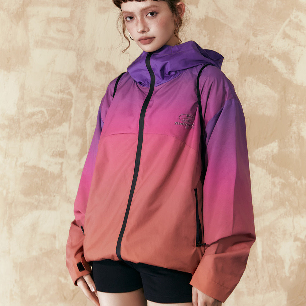 復古漸變色紫色衝鋒衣女戶外山系防水登山服連帽情侶外套