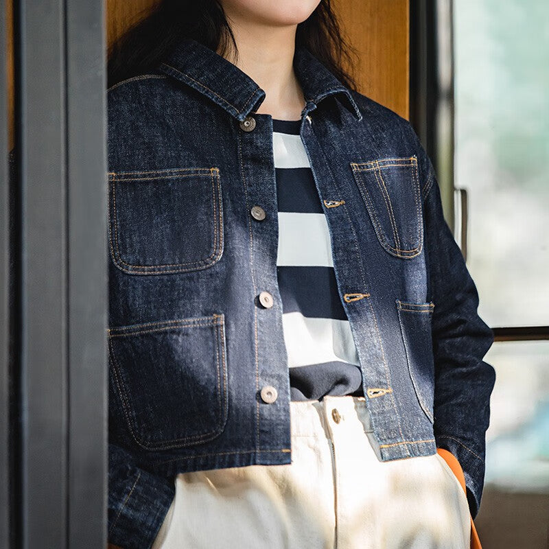 馬登女裝 復古水洗丹寧牛仔外套多口袋設計感小眾寬鬆休閒上衣