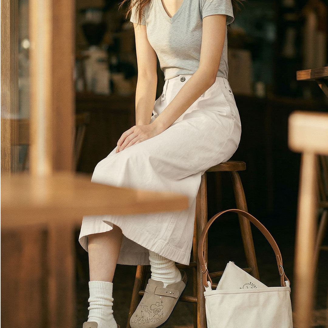 馬登女裝 復古米白色高腰垂感顯瘦休閒A字版後開叉直筒工裝半身裙