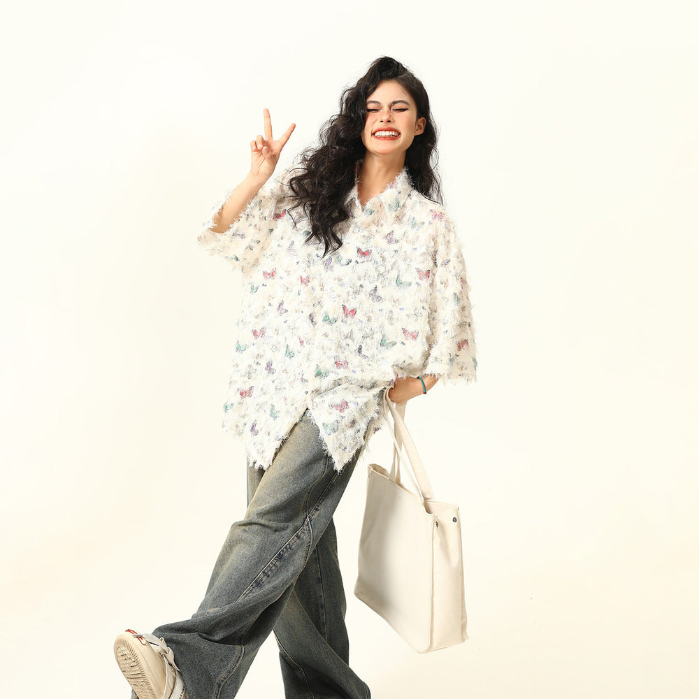 夏季新款蝴蝶流蘇設計感短袖襯衫女個性小眾寬鬆襯衣