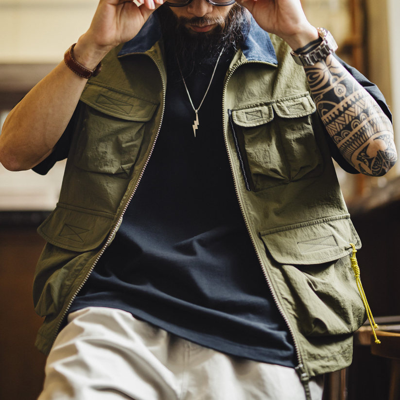 馬登工裝 美式山系戶外馬甲軍綠色Gorpcore輕薄工裝背心徒步外套男春