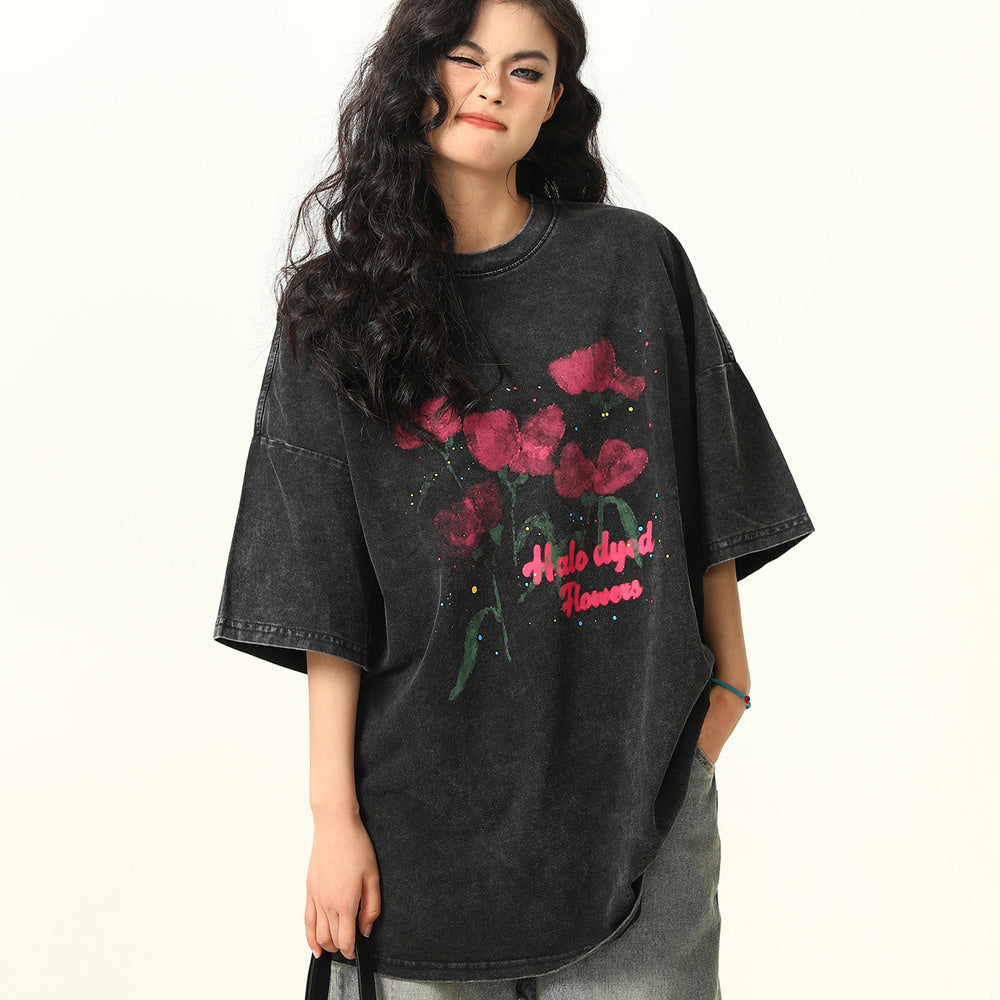 美式復古水洗做舊玫瑰印花短袖T恤女寬鬆潮牌街頭情侶上衣