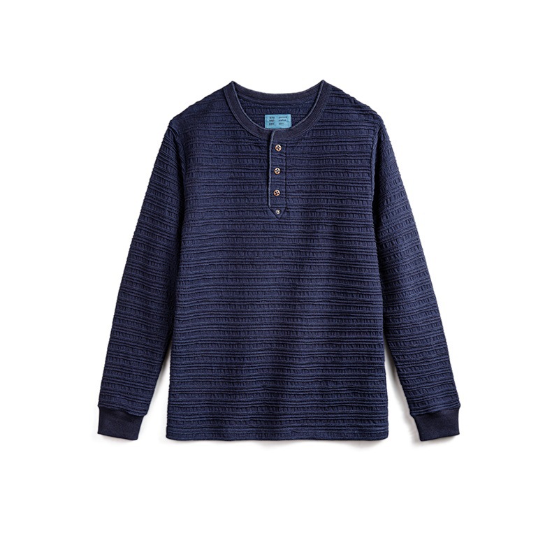 馬登工裝 美式復古提花針織牛仔亨利衫Vintage硬漢修身長袖T恤男秋