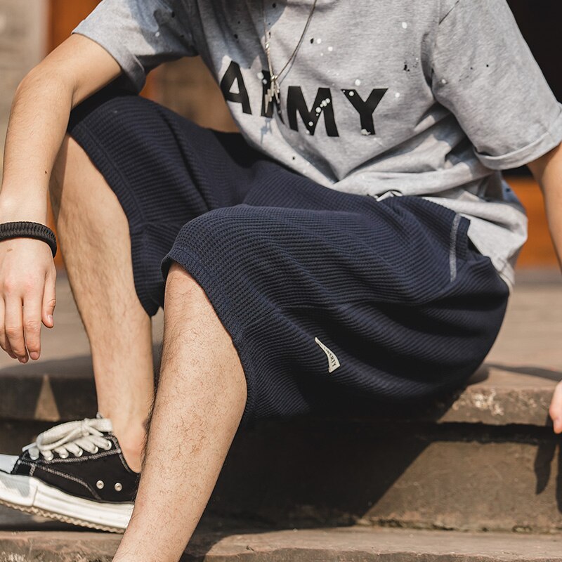 馬登工裝 美式復古寬鬆垂墜感華夫格短褲炸街輪廓休閒褲男潮