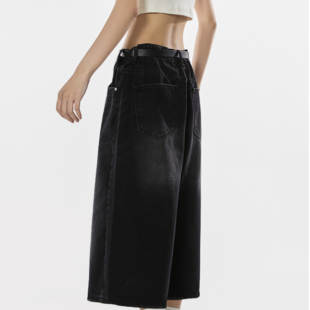 美式復古水洗牛仔中褲女夏季廓形牛仔短褲闊腿七分褲