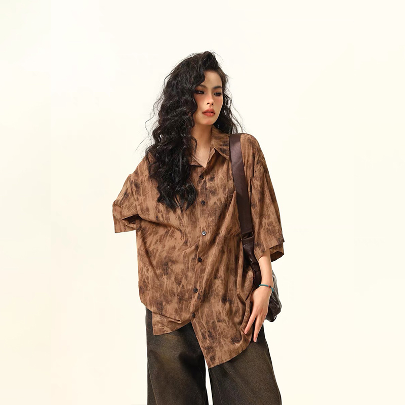 水墨扎染古著感短袖襯衫女美式復古個性寬鬆潮牌夏季襯衣
