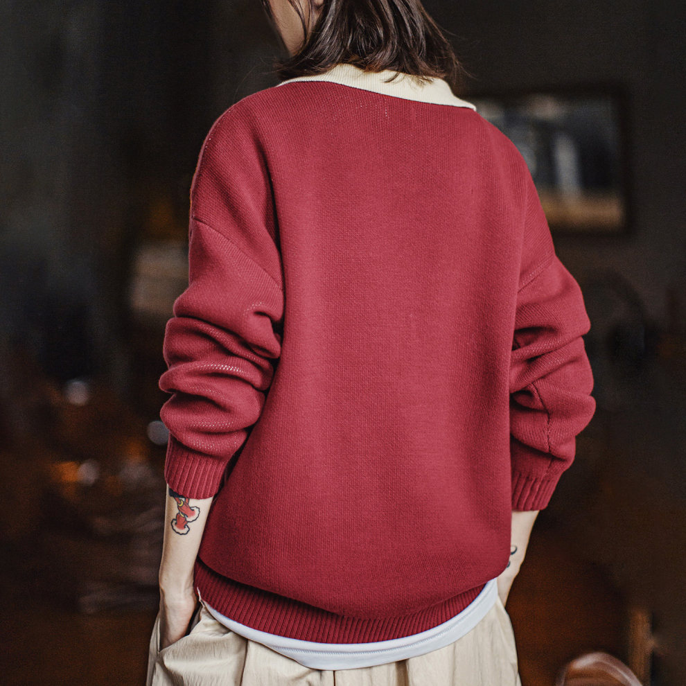 馬登女裝 復古酒紅撞色V翻領寬鬆套頭提花保暖加厚毛衣針織衫上衣秋冬