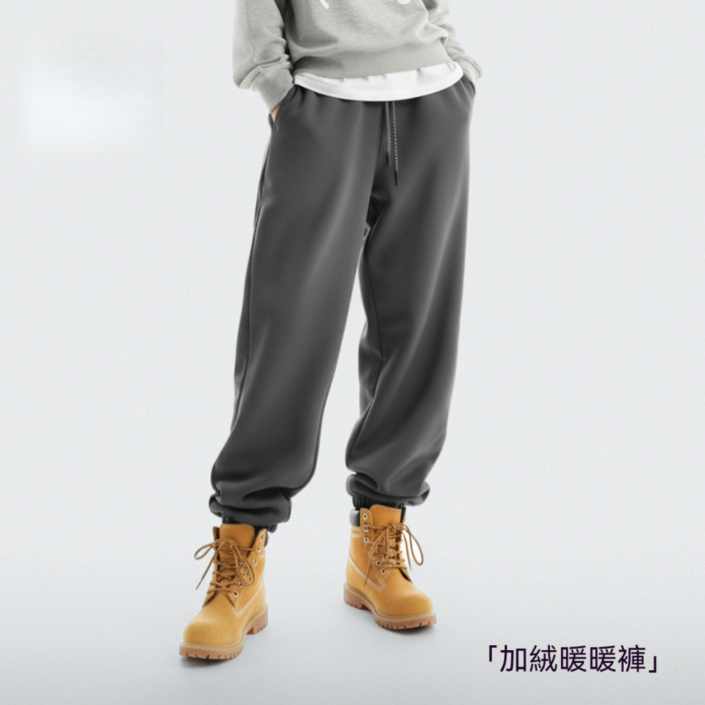 馬登女裝 深灰色針織加絨厚保暖衛褲抽繩收口束脚休閒直筒長褲子秋冬