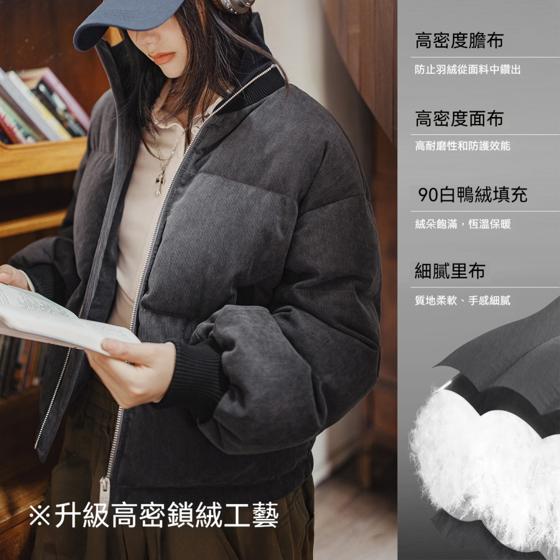 馬登女裝 90白鴨絨灰色燈芯絨立領短款加厚保暖麵包羽絨服外套冬季