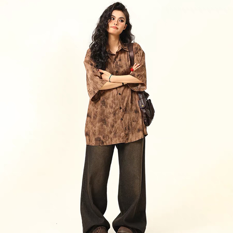 水墨扎染古著感短袖襯衫女美式復古個性寬鬆潮牌夏季襯衣