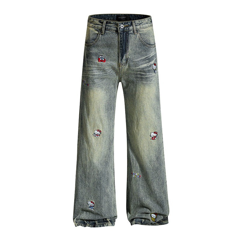美式復古Kitty貓刺繡牛仔褲秋冬季做舊慵懶風闊腿牛仔褲子