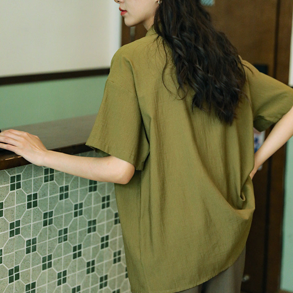 港風復古簡約風綠色設計感短袖襯衫寬鬆上衣顯瘦口袋襯衣女