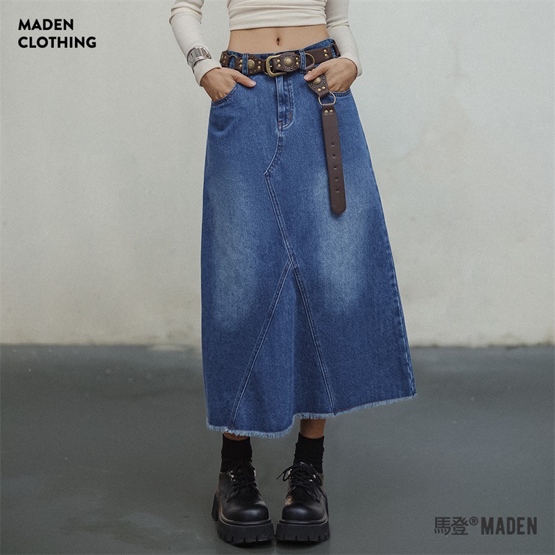 馬登女裝 水洗藍解構牛仔裙遮胯顯瘦A字復古長款半裙設計感半身長裙