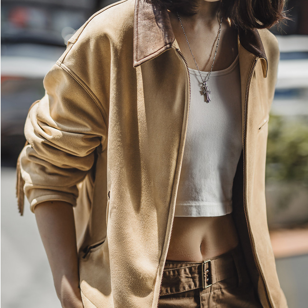 馬登女裝 巴恩風卡其撞色翻領絨面麂皮流蘇底特律工裝夾克外套女士秋冬