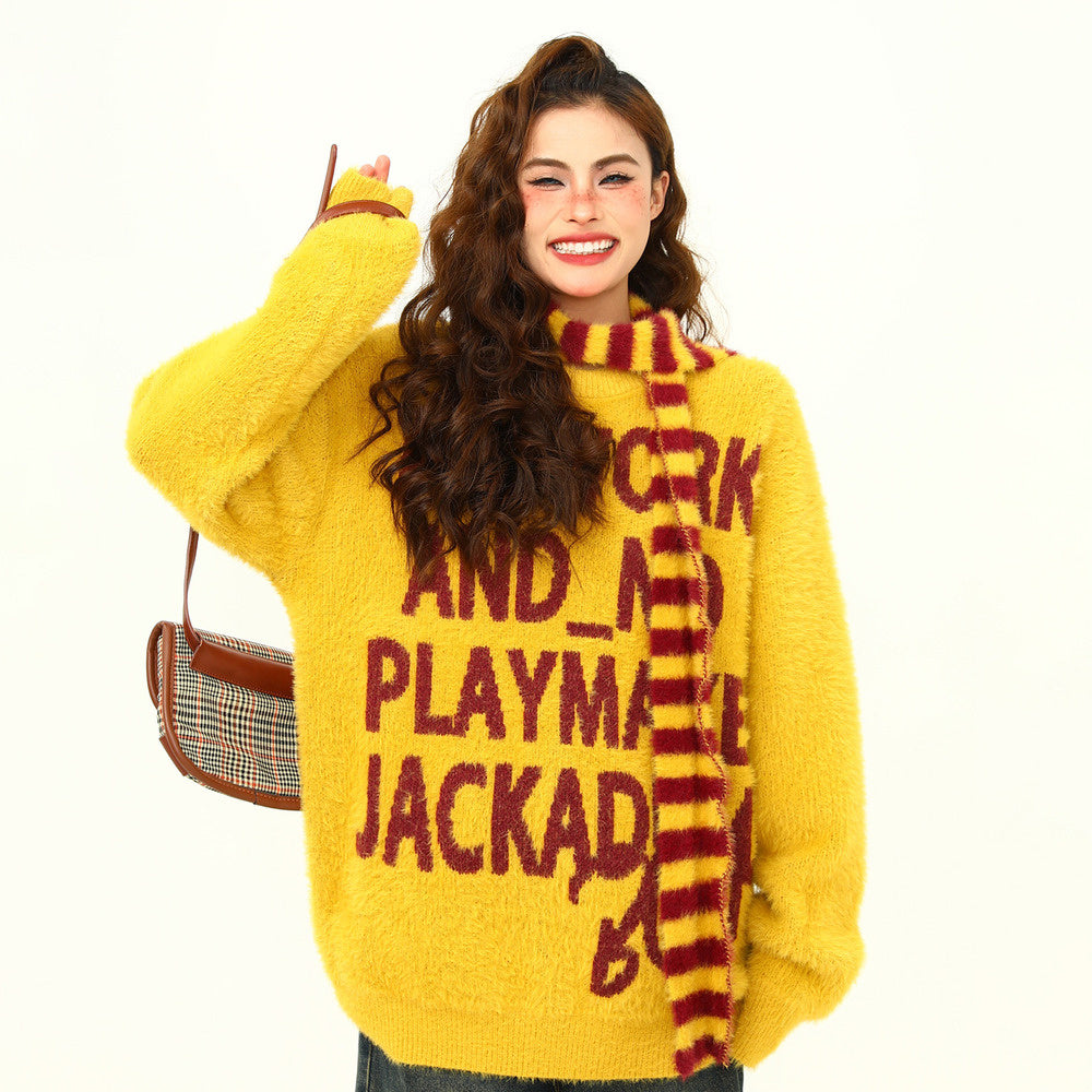 美式復古字母提花氛圍感圍巾針織衫毛衣女秋冬慵懶風寬鬆上衣