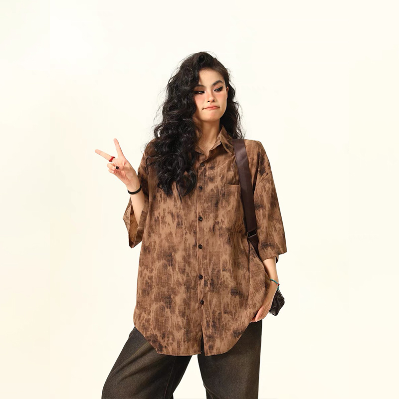 水墨扎染古著感短袖襯衫女美式復古個性寬鬆潮牌夏季襯衣