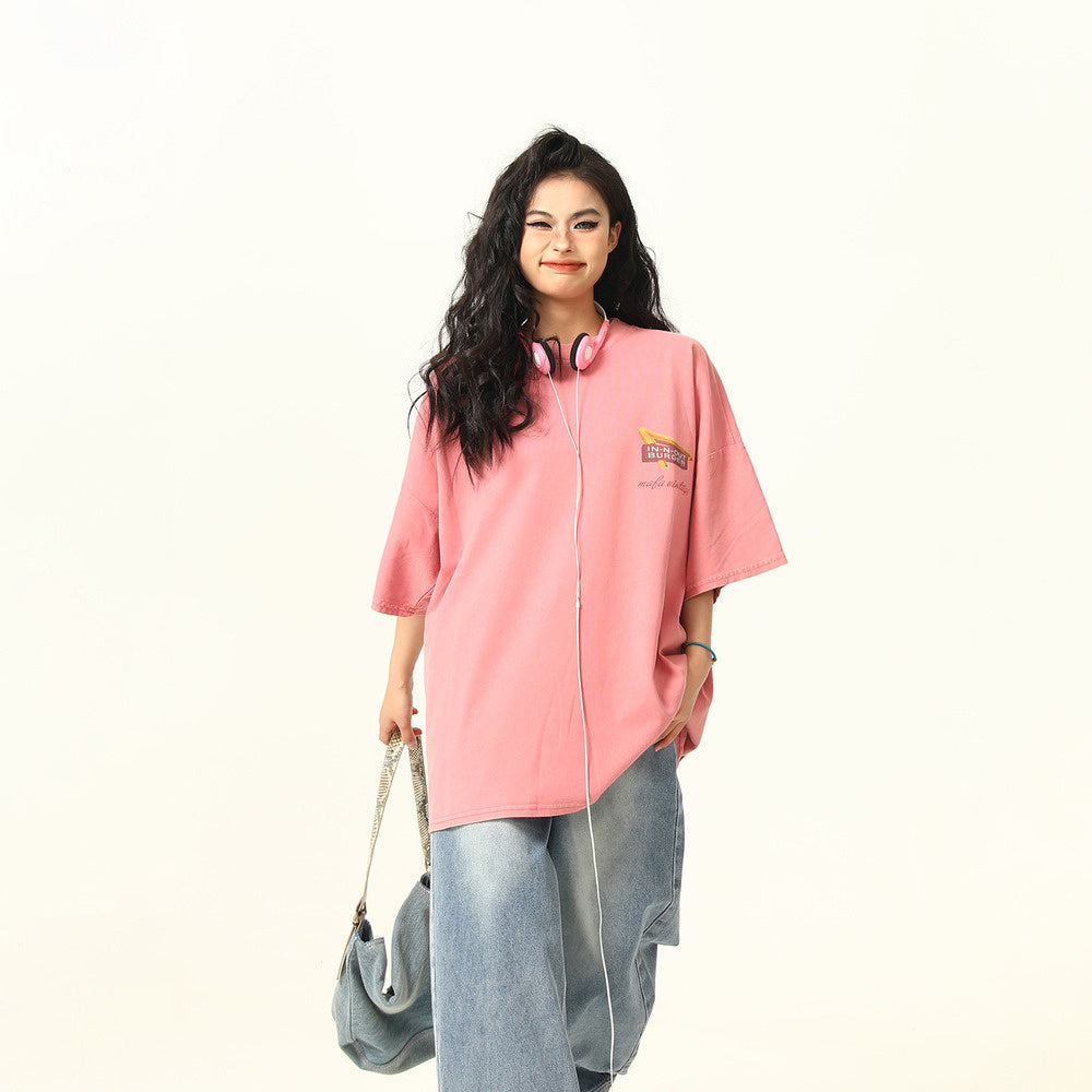 美式復古水洗做舊街頭風景印花短袖T恤寬鬆百搭情侶上衣