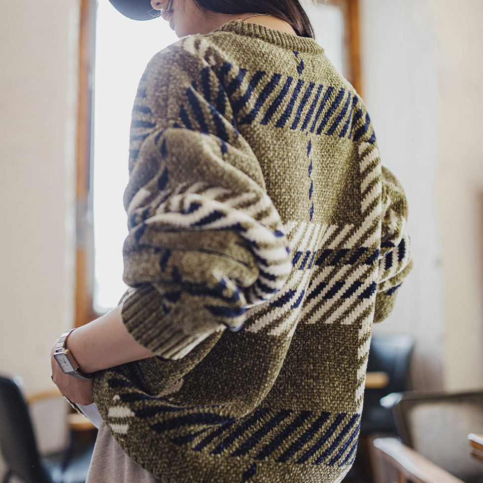 馬登女裝 復古雪尼爾格紋寬鬆聖誕節新年套頭保暖加厚毛衣軟糯針織衫秋冬