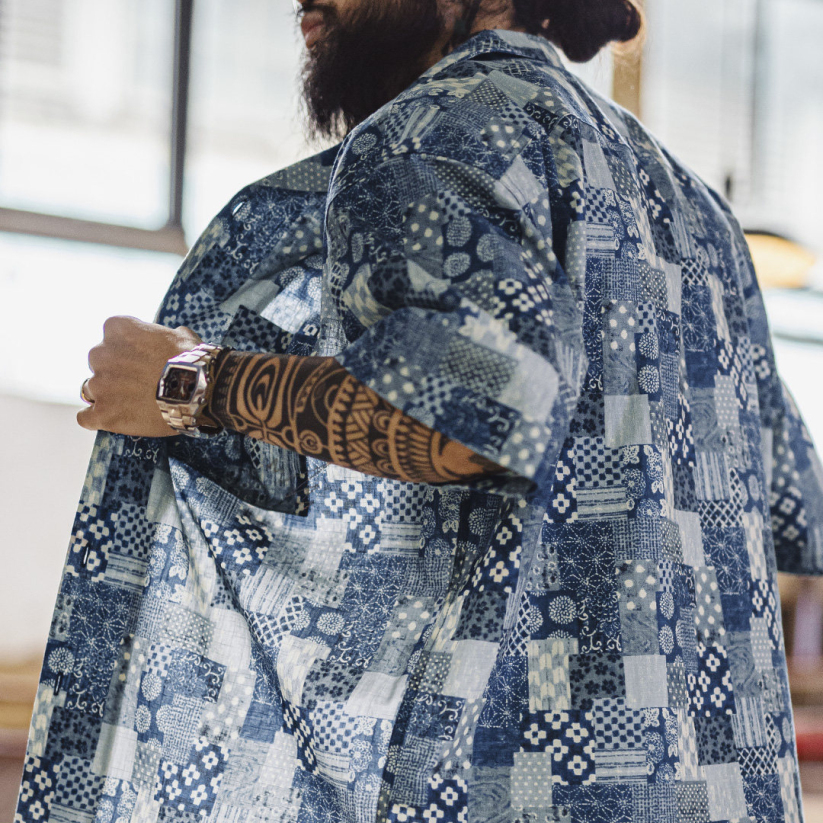 馬登工裝 美式復古Boro古布短袖襯衫vintage印花牛仔襯衣外套男夏