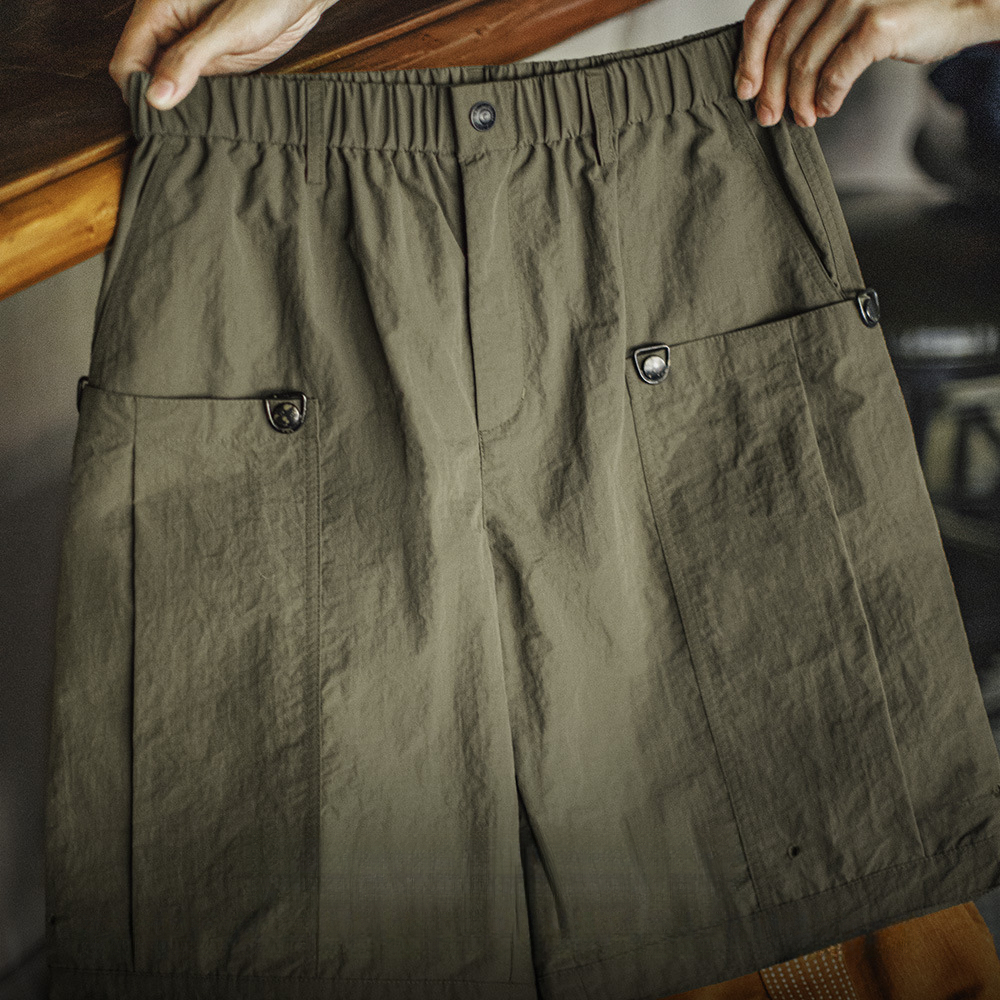 馬登工裝 美式復古風琴大口袋軍綠色短褲直筒梭織薄款五分褲夏季