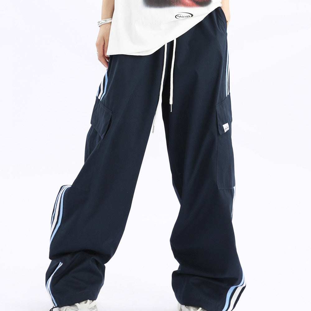 美式復古條紋運動褲垂感街舞褲寬鬆嘻哈hiphop百搭長褲