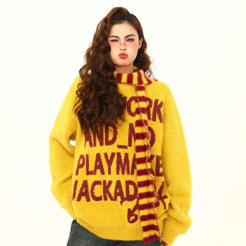 美式復古字母提花氛圍感圍巾針織衫毛衣女秋冬慵懶風寬鬆上衣