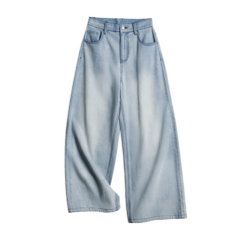 馬登女裝 水洗藍闊腿牛仔褲復古純棉直筒褲垂感寬鬆顯瘦休閒褲女春秋