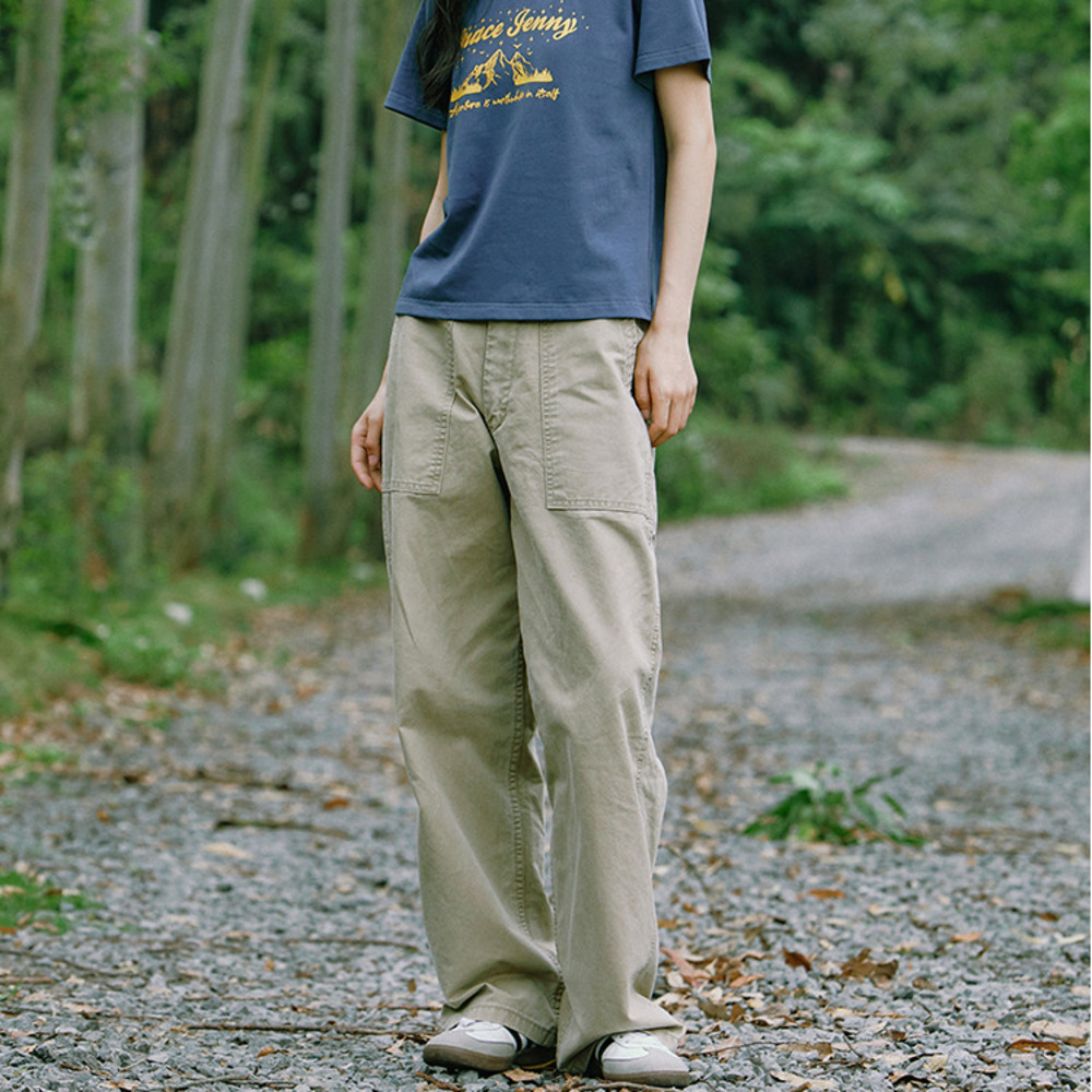 美式復古卡其色直筒工裝褲女百搭休閒褲寬鬆水洗闊腿褲