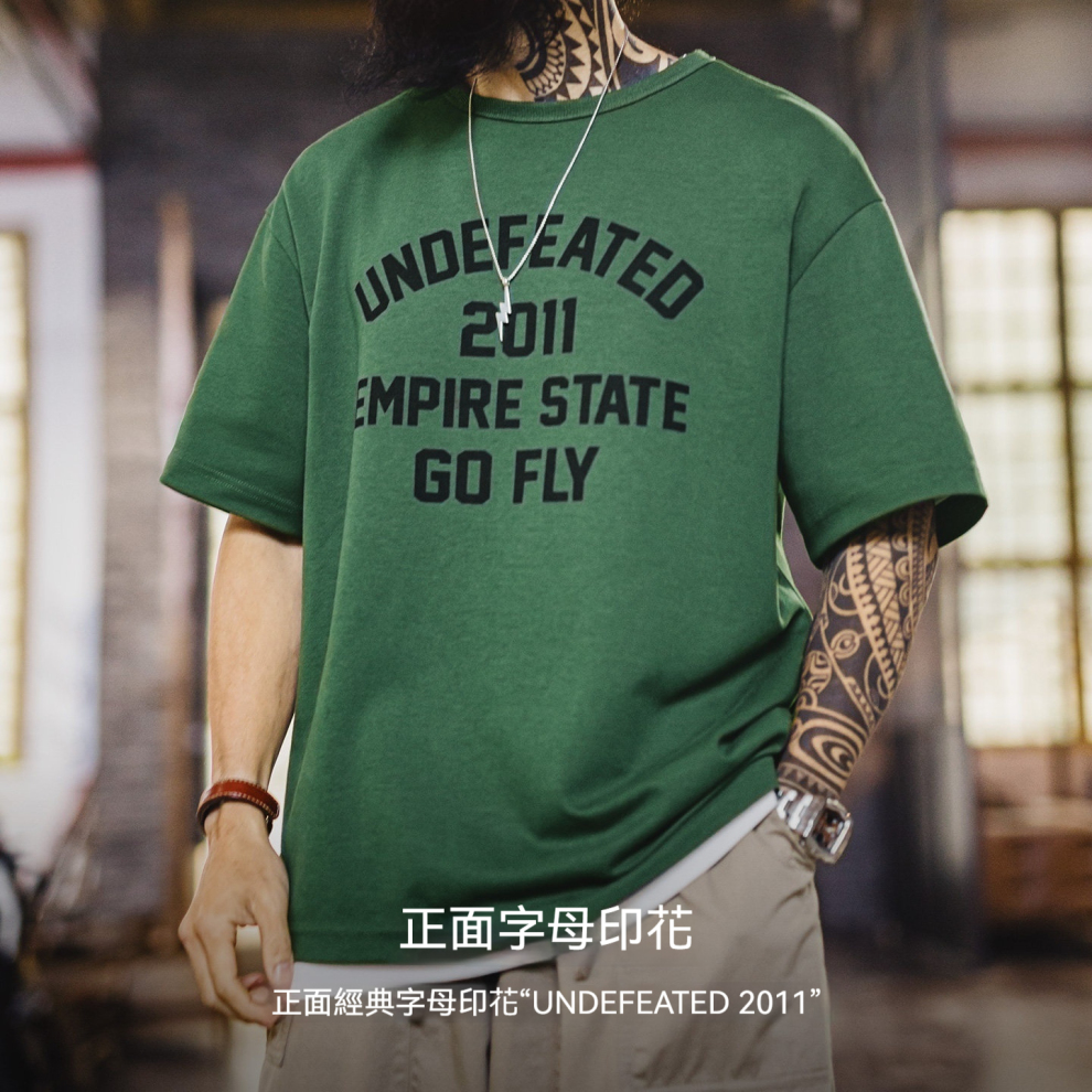 馬登工裝 美式章仔印花T恤綠色小眾圓領正肩設計感短袖上衣