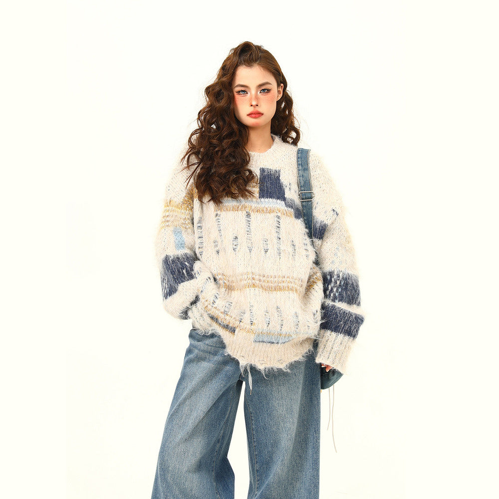 美式復古不規則拼接設計感馬海毛毛衣秋冬寬鬆慵懶風針織衫毛衣