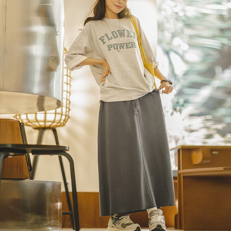 馬登女裝 復古抽繩高腰A字半身長裙休閒慵懶風衛衣裙