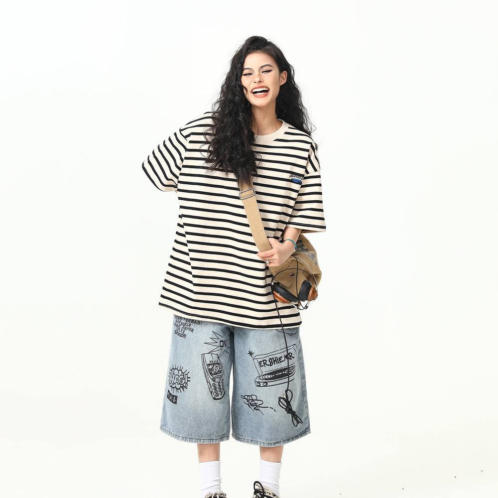 美式復古300g重磅條紋短袖T恤女寬鬆百搭上衣