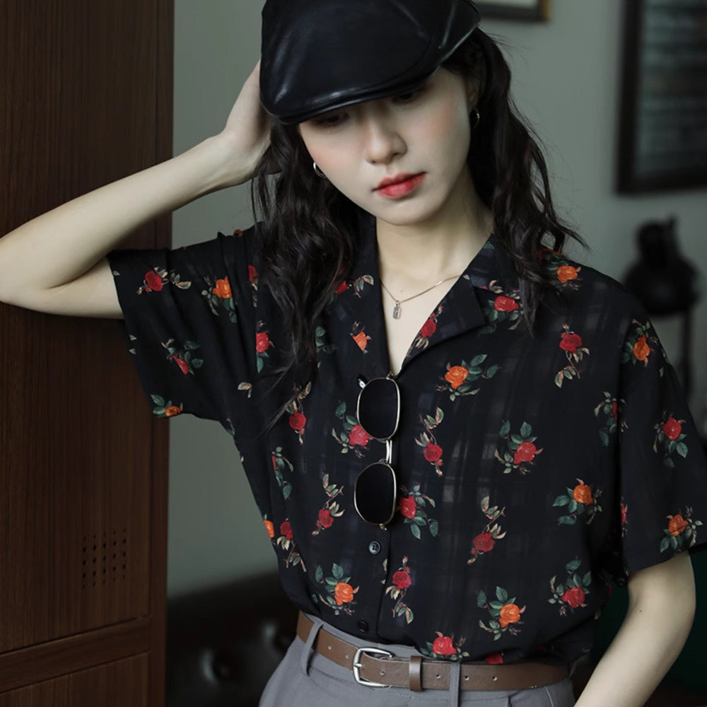 玫瑰花氣質翻領簡約復古港風設計感短袖襯衫女夏季顯瘦上衣