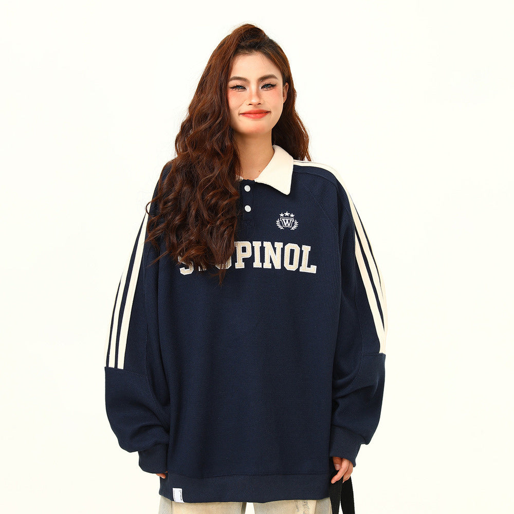 美式復古字母刺繡翻領衛衣秋季百搭潮流休閒寬鬆情侶上衣