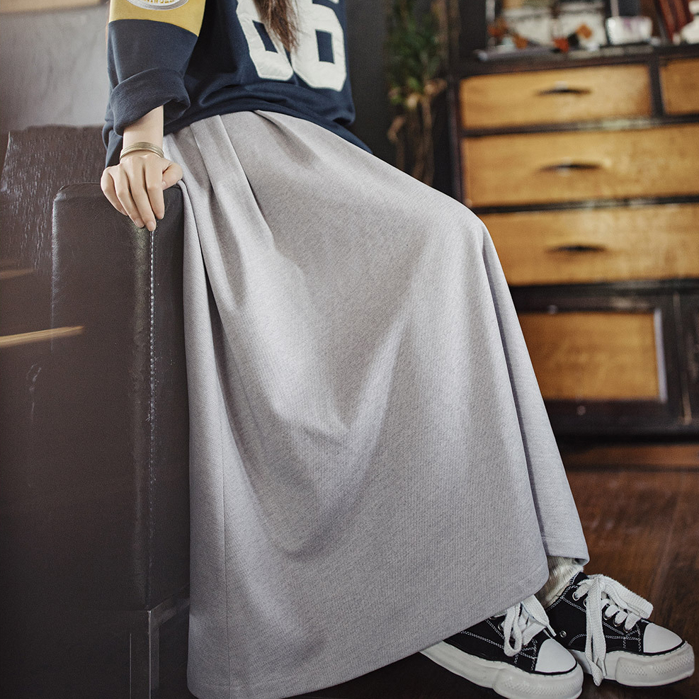 馬登女裝 毛呢大擺半身長裙針織鬆緊腰垂墜感百褶A字傘裙秋冬