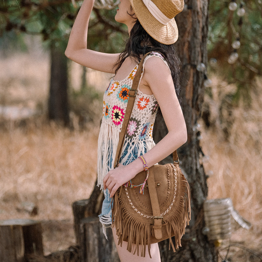 磨砂流蘇包波西米亞斜挎包大容量復古小眾設計感單肩包