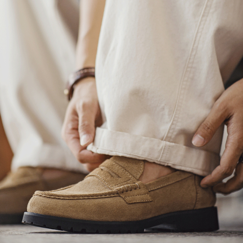 馬登工裝 便士樂福鞋老錢風男士高級感一脚蹬真皮休閒翻毛皮鞋