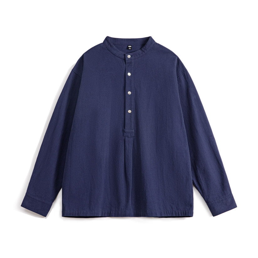 馬登工裝 美式復古小立領長袖襯衫藏青色外穿純棉半高領T恤男春