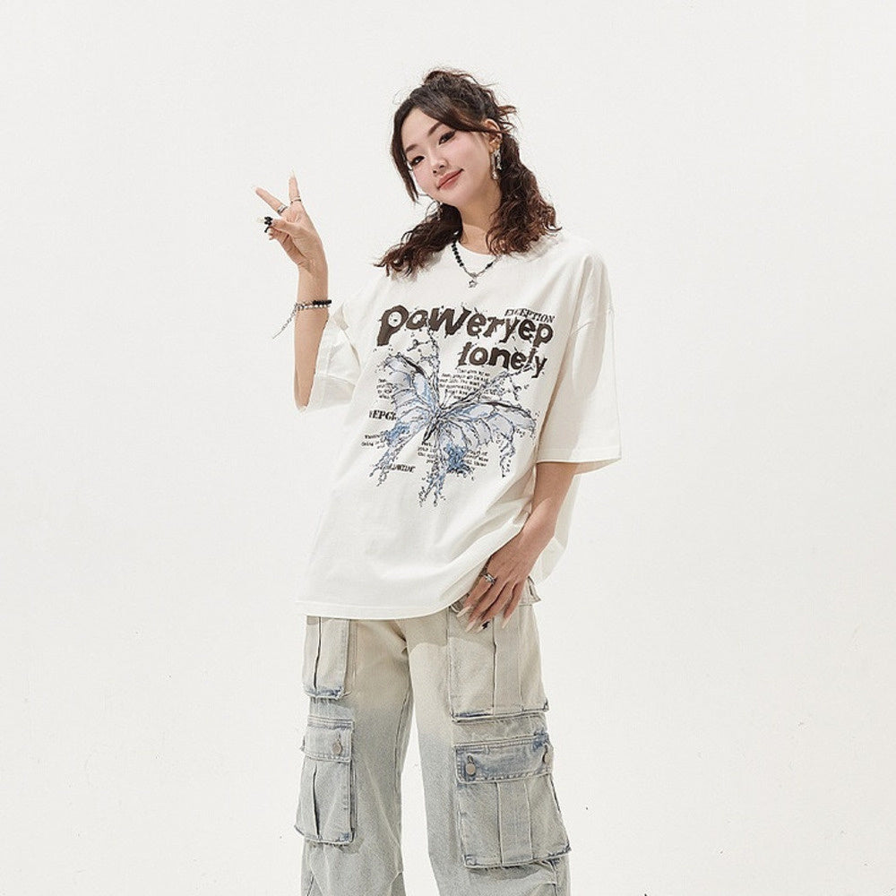 蝴蝶印花短袖T恤女復古潮牌寬鬆情侶裝上衣