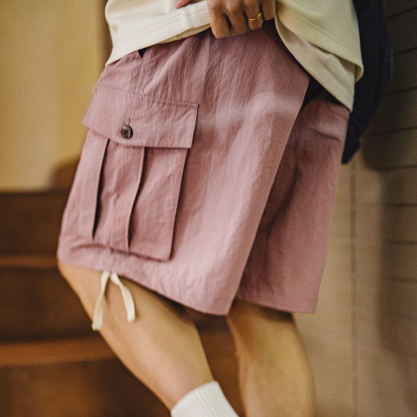 馬登工裝 山系速幹短褲美式大口袋梭織寬鬆直筒粉色薄款短褲男夏季