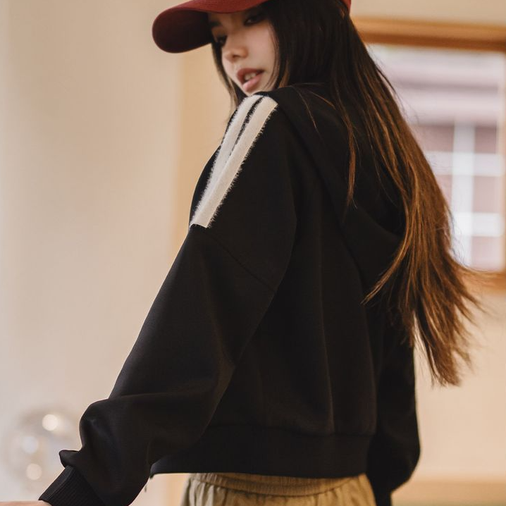 馬登女裝 空氣層hoodie開衫外套條紋毛絨拼接衛衣運動上衣