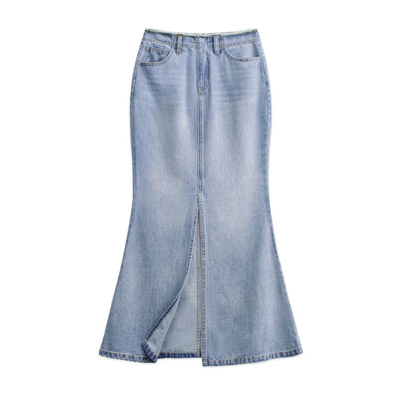 馬登女裝 水洗藍色做舊復古牛仔長款開叉包臀顯瘦魚尾半身裙子早秋