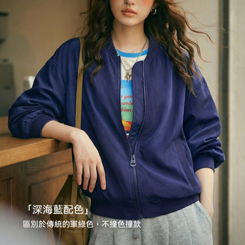 馬登女裝 深藍色美式復古輕薄款飛行員夾克棒球立領休閒工裝外套女士春