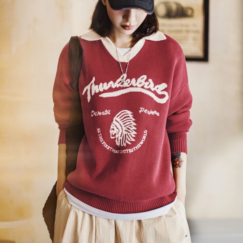 馬登女裝 復古酒紅撞色V翻領寬鬆套頭提花保暖加厚毛衣針織衫上衣秋冬