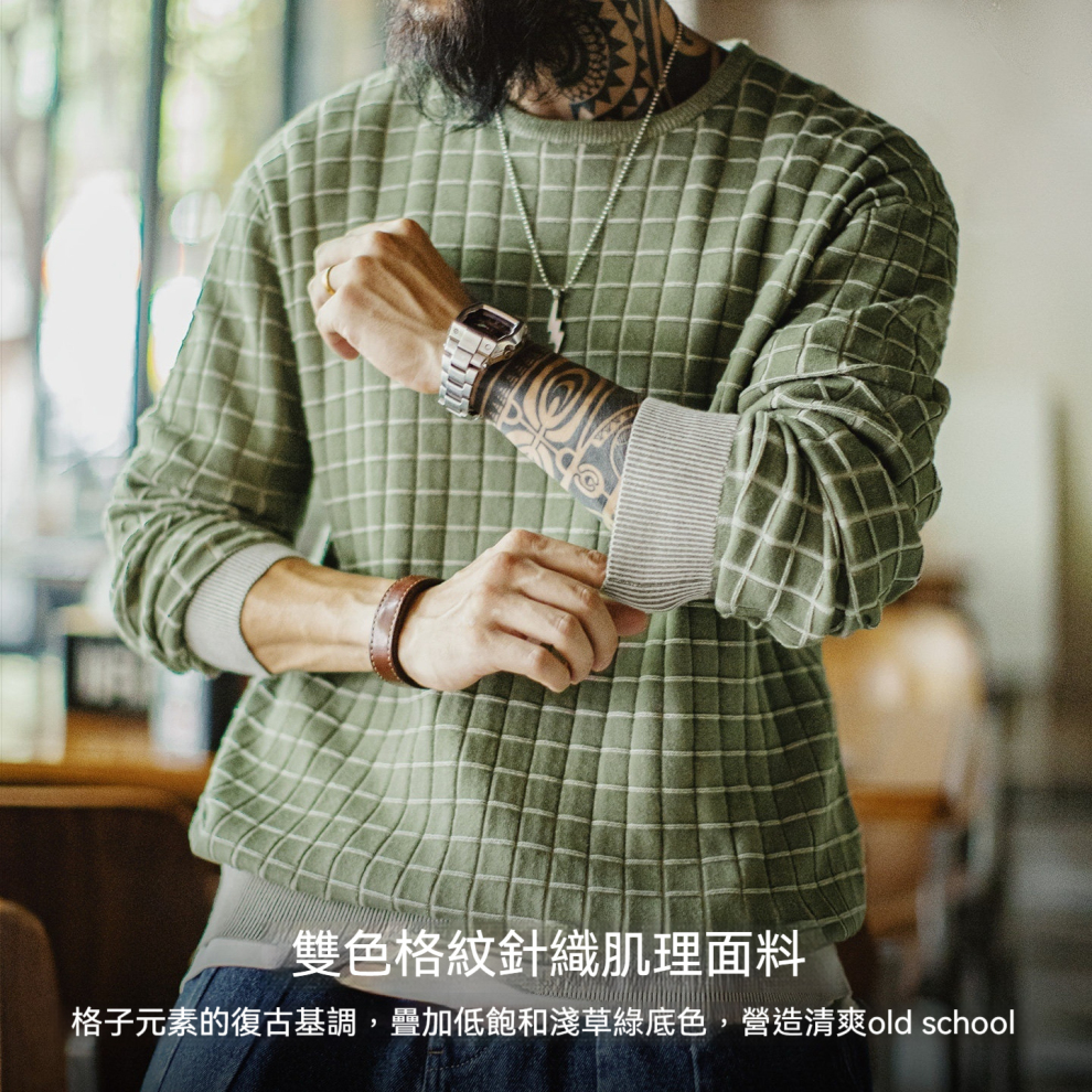 馬登工裝 美式復古格子圓領衛衣格紋綠色長袖套頭衫外套男春秋